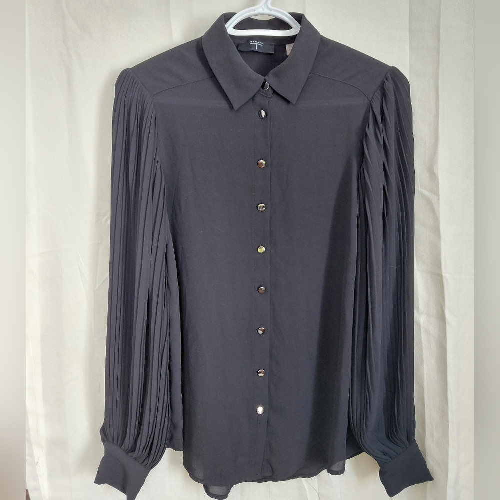 Tahari Black Button Down Shirt with Pleated Sleeves